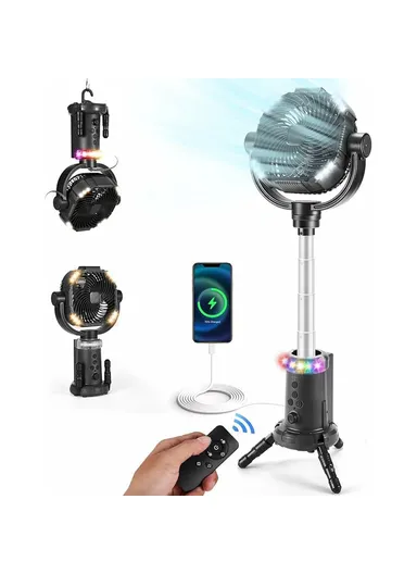 Outdoor Camping 20000mAh LED Lighting Stepless Speed Remote Control Floor Fan with Retractable Tripod - Black