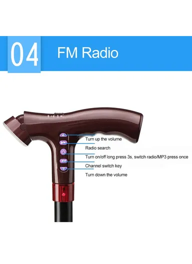 Elderly Adjustable L-ED Walking Cane FM Radio MP3 Smart Safety Fall Alarm Walking Stick