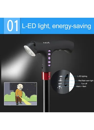 Elderly Adjustable L-ED Walking Cane FM Radio MP3 Smart Safety Fall Alarm Walking Stick