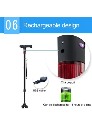 Elderly Adjustable L-ED Walking Cane FM Radio MP3 Smart Safety Fall Alarm Walking Stick