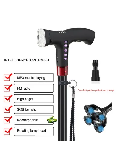 Elderly Adjustable L-ED Walking Cane FM Radio MP3 Smart Safety Fall Alarm Walking Stick