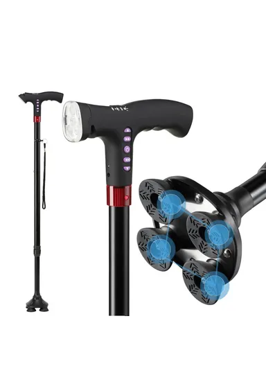 Elderly Adjustable L-ED Walking Cane FM Radio MP3 Smart Safety Fall Alarm Walking Stick