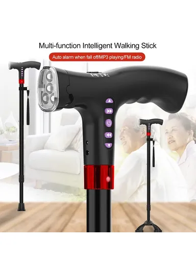 Elderly Adjustable L-ED Walking Cane FM Radio MP3 Smart Safety Fall Alarm Walking Stick