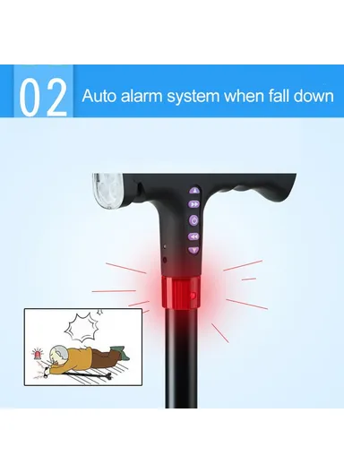 Elderly Adjustable L-ED Walking Cane FM Radio MP3 Smart Safety Fall Alarm Walking Stick