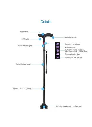Elderly Adjustable L-ED Walking Cane FM Radio MP3 Smart Safety Fall Alarm Walking Stick