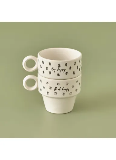 2 Pieces Simple Ceramic Espresso Coffee Cups Set  105 cc - White / Black