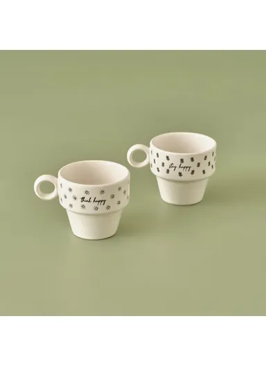 2 Pieces Simple Ceramic Espresso Coffee Cups Set  105 cc - White / Black