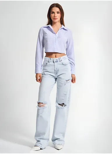 Women's Sky Blue Color Loose Fit Cotton High Waist Denim Jean 12s5-100