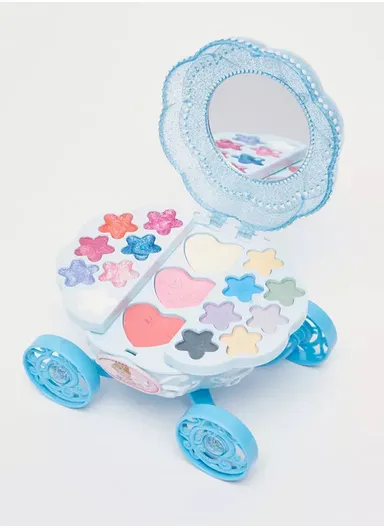 Disney Princess Makeup Beauty Carriage Set Non-Toxic Washable Cosmetic Kit with Lip Gloss, Eye Shadow &amp; Blush - Blue