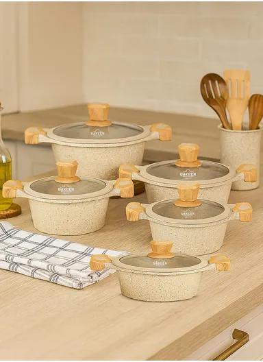 20/24/28/32cm Granite Non-Stick Die-Casting Casserole With 28cm Shallow Pot Set VK-44 - Cream