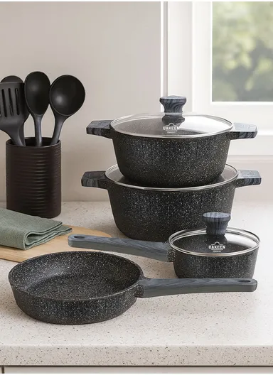 24/28 Casserole + 16cm Sauce Pan + 28cm Fry Pan Granite Coating Cookware Set VK-25 - Black