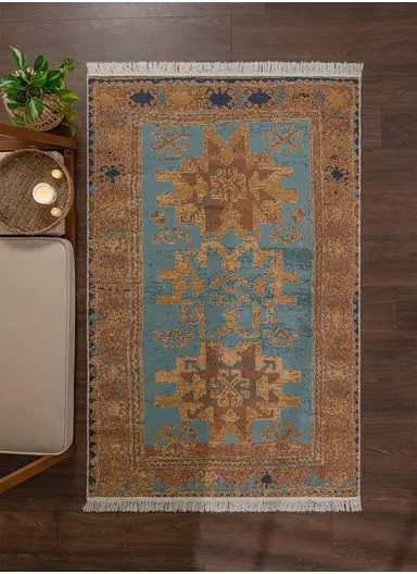 120 x 180 cm Mirror Craft Tribal Motifs Double Sided Decorative Rug - Black / Aqua