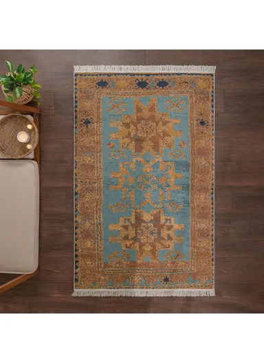 120 x 180 cm Mirror Craft Tribal Motifs Double Sided Decorative Rug - Black / Aqua