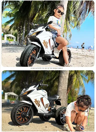 3 Years+ Rechargeable Kids Ride-On Motor Bike with Handle Accelerator &amp; Brake Pedal, LED Lights &amp; Music (L105 × W56 × H68)cm – White