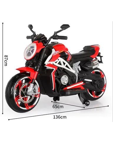 3 Years+ 12V Rechargeable Kids Ride-On Motor Bike with Bluetooth, LED Wheel Lights, Handle Accelerator &amp; Brake Pedal (L136 x W65 x H87)cm - Black