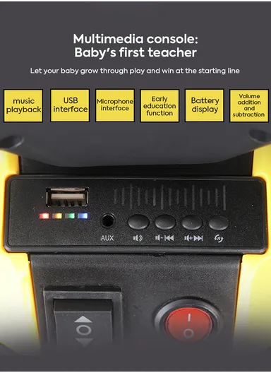 3 Years+Rechargeable Kids Ride-On Motor Bike with Bluetooth, Music, USB, Early Education, LED Dashboard Light &amp; Foot Pedal Accelerator (L69 x W41 x H47)cm - Yellow