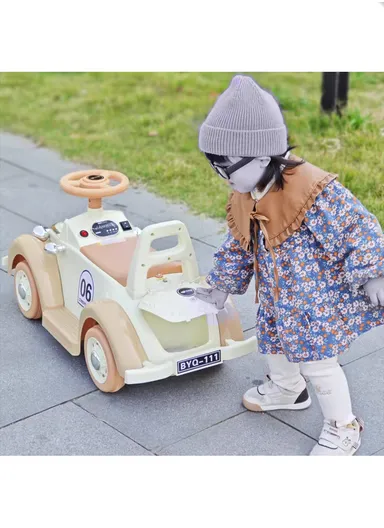3 Years+ Rechargeable Ride-On Vintage Car with Bluetooth, 2 Speeds, Swing Function &amp; Shock Absorbers (L74 x W35 x H45)cm- Beige