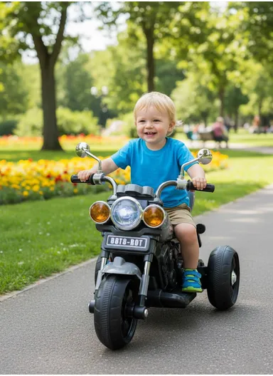 3 Years+ Rechargeable Kids Ride-On Motor Bike with Bluetooth, LED Lights &amp; Foot Accelerator - Blue