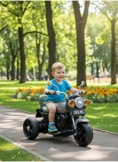 3 Years+ Rechargeable Kids Ride-On Motor Bike with Bluetooth, LED Lights &amp; Foot Accelerator - Grey