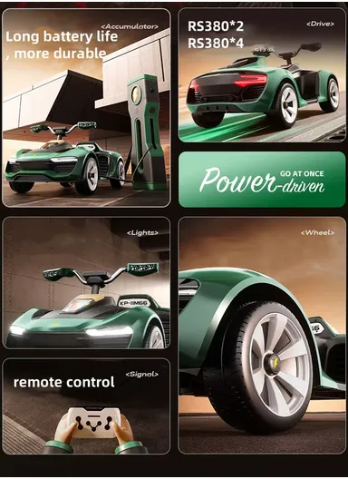 3 Years+ Rechargeable Kids Ride-On Sports Car with Bluetooth, Remote Control, 4 Motors, Swing Function &amp; Shock Absorbers (L130 x W61.8 x H51.5)cm – Green 