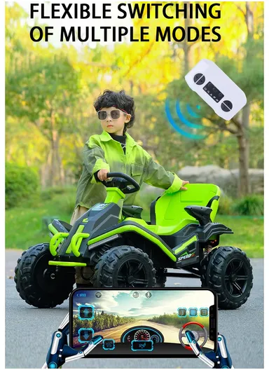 3 Years+ Rechargeable Kids Ride-On ATV Car with Bluetooth, Remote Control, 2 Speeds, Swing Function &amp; Shock Absorbers (L102 × W73 × H65)cm – Green