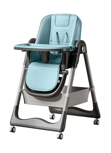 6 Months+ Adjustable Baby High Chair With Recline, Folding Function, PU Leather Seat, 6-Level Height Adjustment, Wheel Brake &amp; Detachable Tray (L51 x W77 x H106)cm – Blue
