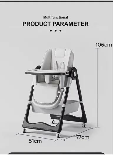 6 Months+ Adjustable Baby High Chair With Recline, Folding Function, PU Leather Seat, 6-Level Height Adjustment, Wheel Brake &amp; Detachable Tray (L51 x W77 x H106)cm – Blue