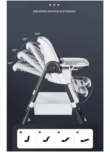 6 Months+ Adjustable Baby High Chair With Recline, Folding Function, PU Leather Seat, 6-Level Height Adjustment, Wheel Brake &amp; Detachable Tray (L51 x W77 x H106)cm – Blue