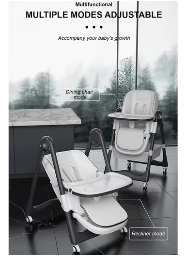 6 Months+ Adjustable Baby High Chair With Recline, Folding Function, PU Leather Seat, 6-Level Height Adjustment, Wheel Brake &amp; Detachable Tray (L51 x W77 x H106)cm – Blue