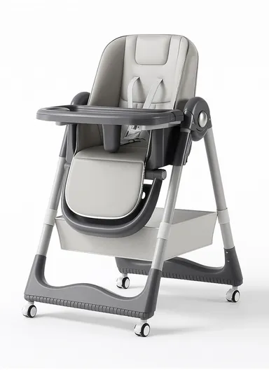 6 Months+ Adjustable Baby High Chair With Recline, Folding Function, PU Leather Seat, 6-Level Height Adjustment, Wheel Brake &amp; Detachable Tray (L51 x W77 x H106)cm – Grey