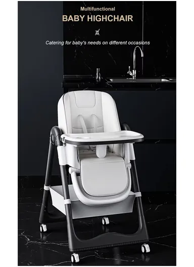 6 Months+ Adjustable Baby High Chair With Recline, Folding Function, PU Leather Seat, 6-Level Height Adjustment, Wheel Brake &amp; Detachable Tray (L51 x W77 x H106)cm – Grey