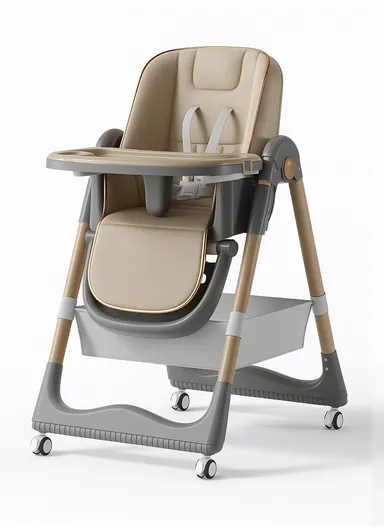 6 Months+ Adjustable Baby High Chair With Recline, Folding Function, PU Leather Seat, 6-Level Height Adjustment, Wheel Brake &amp; Detachable Tray (L51 x W77 x H106)cm – Coffee