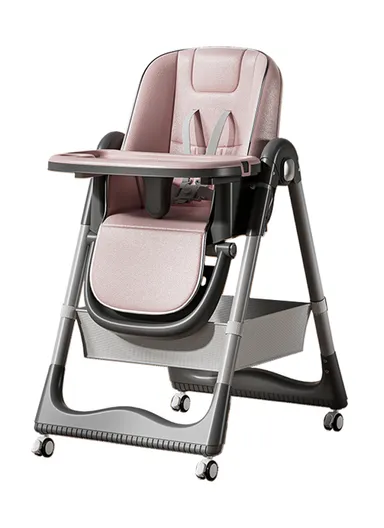 6 Months+ Adjustable Baby High Chair With Recline, Folding Function, PU Leather Seat, 6-Level Height Adjustment, Wheel Brake &amp; Detachable Tray (L51 x W77 x H106)cm – Pink