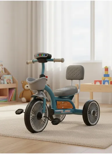 2–6 Years Iron Frame Kids Tricycle with Backrest Seat, Music &amp; Light, Front Storage Basket &amp; Handles Y-TS2752 – Blue