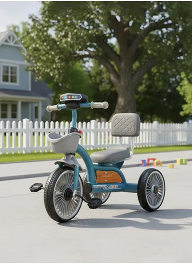 2–6 Years Iron Frame Kids Tricycle with Backrest Seat, Music &amp; Light, Front Storage Basket &amp; Handles Y-TS2752 – Blue