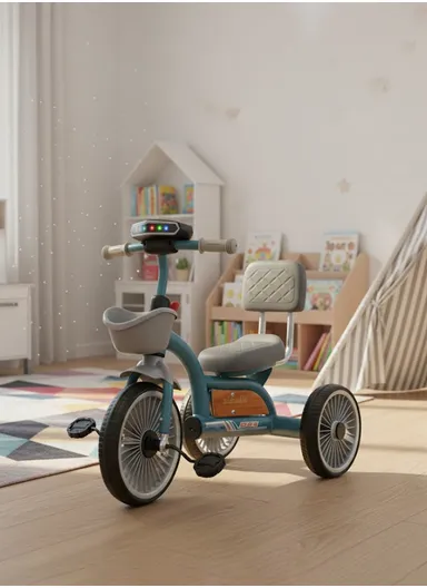 2–6 Years Iron Frame Kids Tricycle with Backrest Seat, Music &amp; Light, Front Storage Basket &amp; Handles Y-TS2752 – Blue