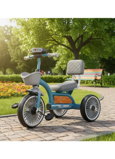 2–6 Years Iron Frame Kids Tricycle with Backrest Seat, Music &amp; Light, Front Storage Basket &amp; Handles Y-TS2752 – Blue