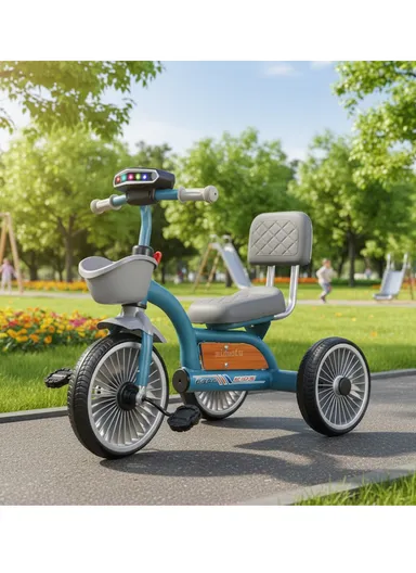 2–6 Years Iron Frame Kids Tricycle with Backrest Seat, Music &amp; Light, Front Storage Basket &amp; Handles Y-TS2752 – Blue