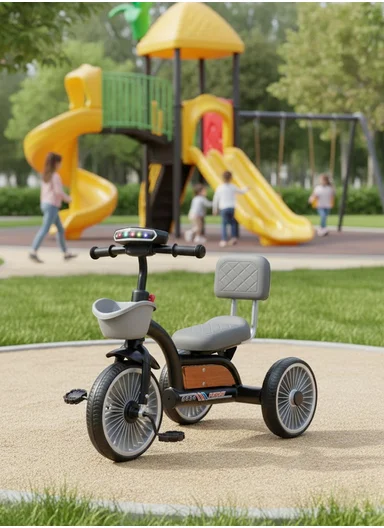 2–6 Years Iron Frame Kids Tricycle with Backrest Seat, Music &amp; Light, Front Storage Basket &amp; Handles Y-TS2752 – Black