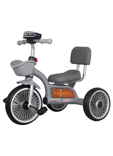 2–6 Years Iron Frame Kids Tricycle with Backrest Seat, Music &amp; Light, Front Storage Basket &amp; Handles Y-TS2752 – Grey