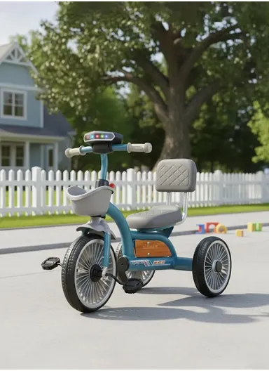 2–6 Years Iron Frame Kids Tricycle with Backrest Seat, Music &amp; Light, Front Storage Basket &amp; Handles Y-TS2752 – Grey