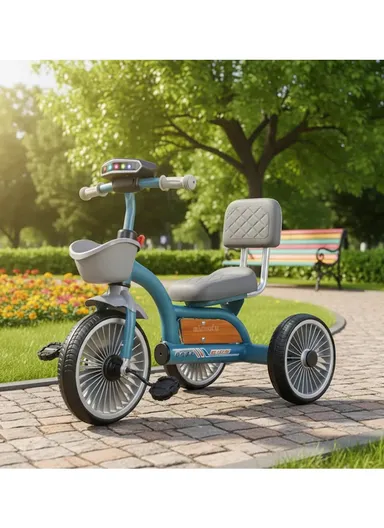 2–6 Years Iron Frame Kids Tricycle with Backrest Seat, Music &amp; Light, Front Storage Basket &amp; Handles Y-TS2752 – Grey