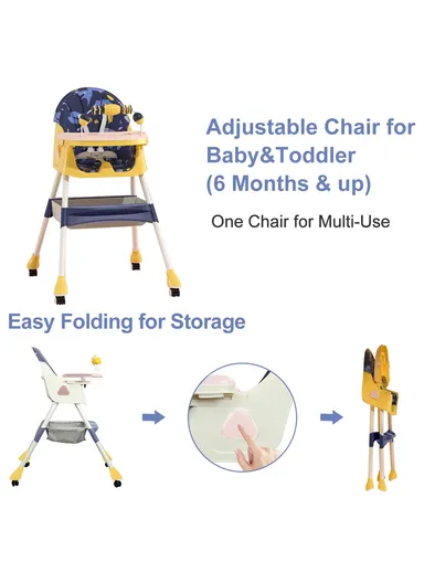 6 Months+ Adjustable 2 In 1 Baby High Chair with Safety Harness, Feeding Tray &amp; Storage Basket TF-HC360-P (L66 × W61 × H92)cm – Yellow