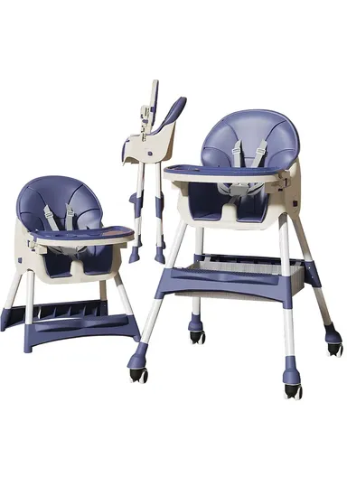 6-36 Month 2 In 1 Baby High Chair, Dining Chair, Playtime Chair, Foldable Booster Seat With 360° Wheels, Safety Belt, Storage Bag &amp; Removable Double-Tray for Toddler &amp; Infant Y-HC401 (H97 x W65 x D73)cm - Blue