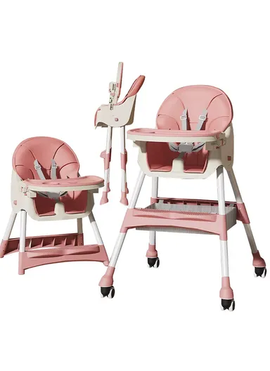 6-36 Month Baby High Chair, Dining Chair, Playtime Chair, Foldable Booster Seat With 360° Wheels, Safety Belt, Storage Bag &amp; Removable Double-Tray for Toddler &amp; Infant Y-HC401 (H97 x W65 x D73)cm - Pink