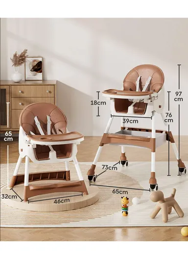 6-36 Month Baby High Chair, Dining Chair, Playtime Chair, Foldable Booster Seat With 360° Wheels, Safety Belt, Storage Bag &amp; Removable Double-Tray for Toddler &amp; Infant Y-HC401 (H97 x W65 x D73)cm - Pink