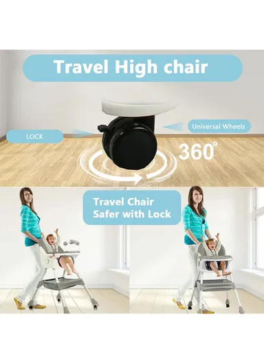 6-36 Month Baby High Chair, Dining Chair, Playtime Chair, Foldable Booster Seat With 360° Wheels, Safety Belt, Storage Bag &amp; Removable Double-Tray for Toddler &amp; Infant Y-HC322 (H95 x W65 x D70)cm - Grey