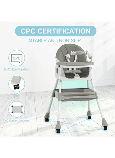 6-36 Month Baby High Chair, Dining Chair, Playtime Chair, Foldable Booster Seat With 360° Wheels, Safety Belt, Storage Bag &amp; Removable Double-Tray for Toddler &amp; Infant Y-HC322 (H95 x W65 x D70)cm - Grey