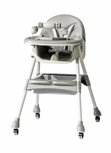 6-36 Month Baby High Chair, Dining Chair, Playtime Chair, Foldable Booster Seat With 360° Wheels, Safety Belt, Storage Bag &amp; Removable Double-Tray for Toddler &amp; Infant Y-HC322 (H95 x W65 x D70)cm - Grey