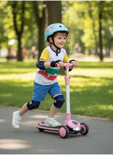 3–8 Years Kids Scooter with Music, LED Light Noiseproof Wheels &amp; Adjustable Height Y-ST6021 (L60 × W30 × H63-93)cm – Green